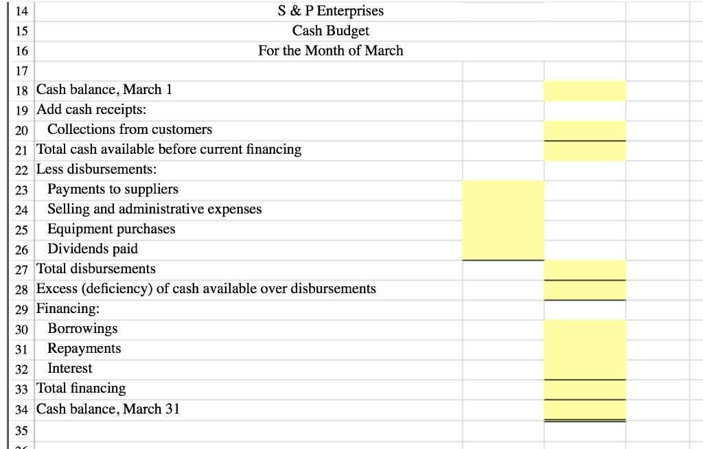 the related Schedules for Expected cash collections and Payments to suppliers. Use