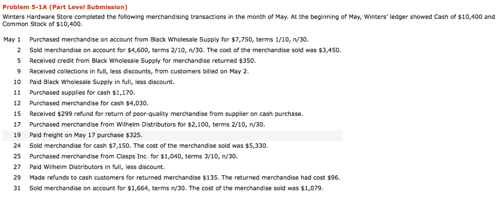  Winters Hardware Store Accounting Homework! Help Please! Problem 5-1A (Part Level
