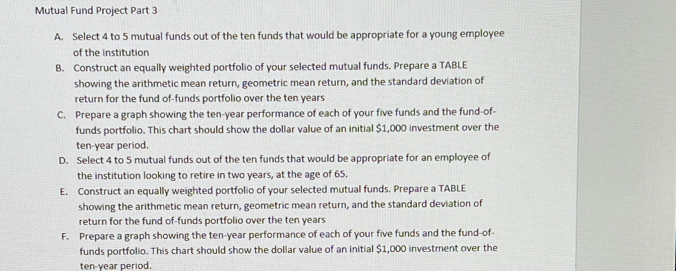  Mutual Fund Project Part 3 A. Select 4 to 5 mutual