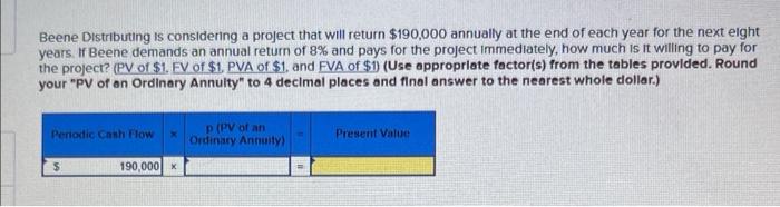  Beene Distributing is considening a project that will return $190,000 annually