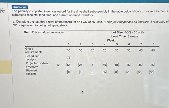 being not applicable.) The partially completed inventory record for the rotor subassembly