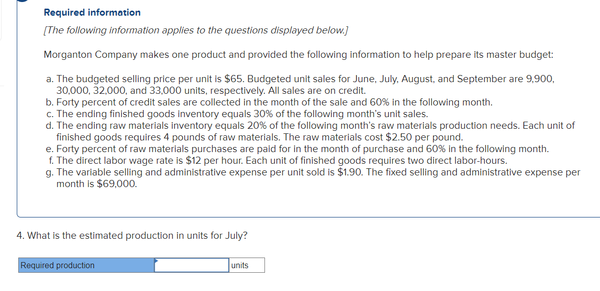 budgeted selling price per unit is $65. Budgeted unit sales for June,