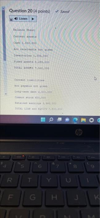 Question 20 (4 points) 4) Listen Balance Sheet Current assets Cash