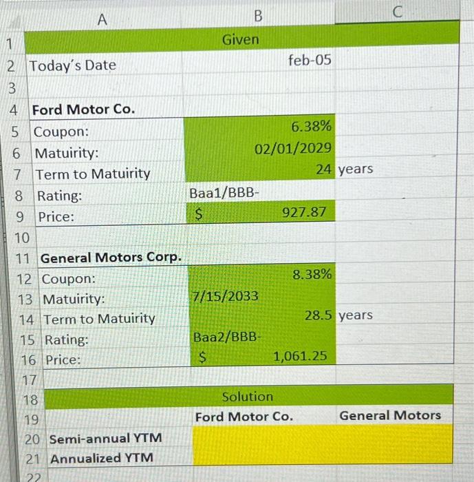 please solve in excel and show formulas \begin{tabular}{|c|c|c|c|} \hline d. & A