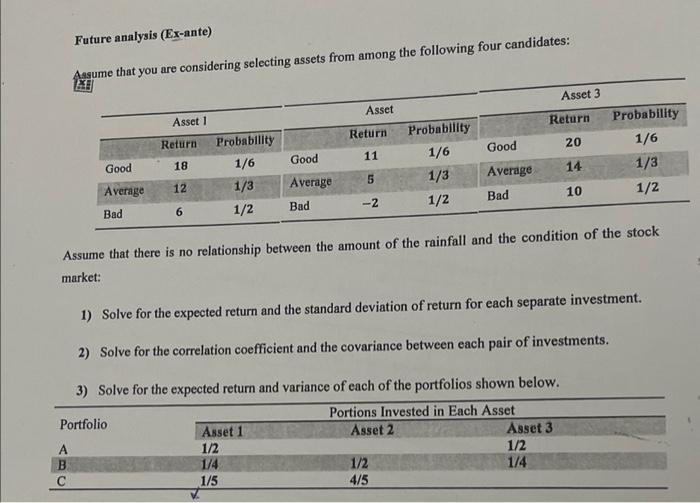  Future analysis (Ex-ante) Asume that you are considering selecting assets from