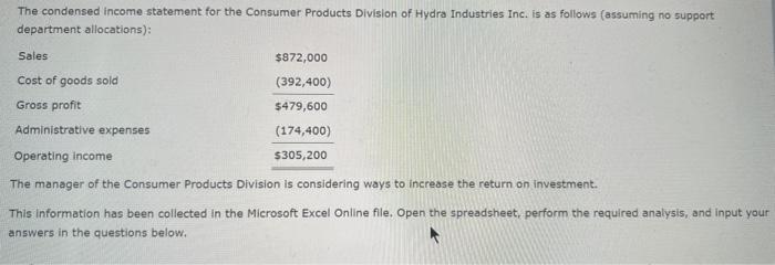 plz help The condensed income statement for the Consumer Products Division of