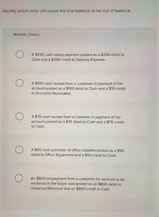  Identify which error will cause the trial balance to be out