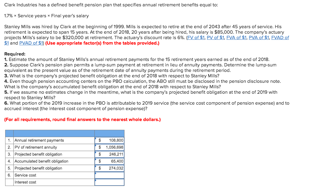 Please solve #6 service cost & interest cost Clark Industries has