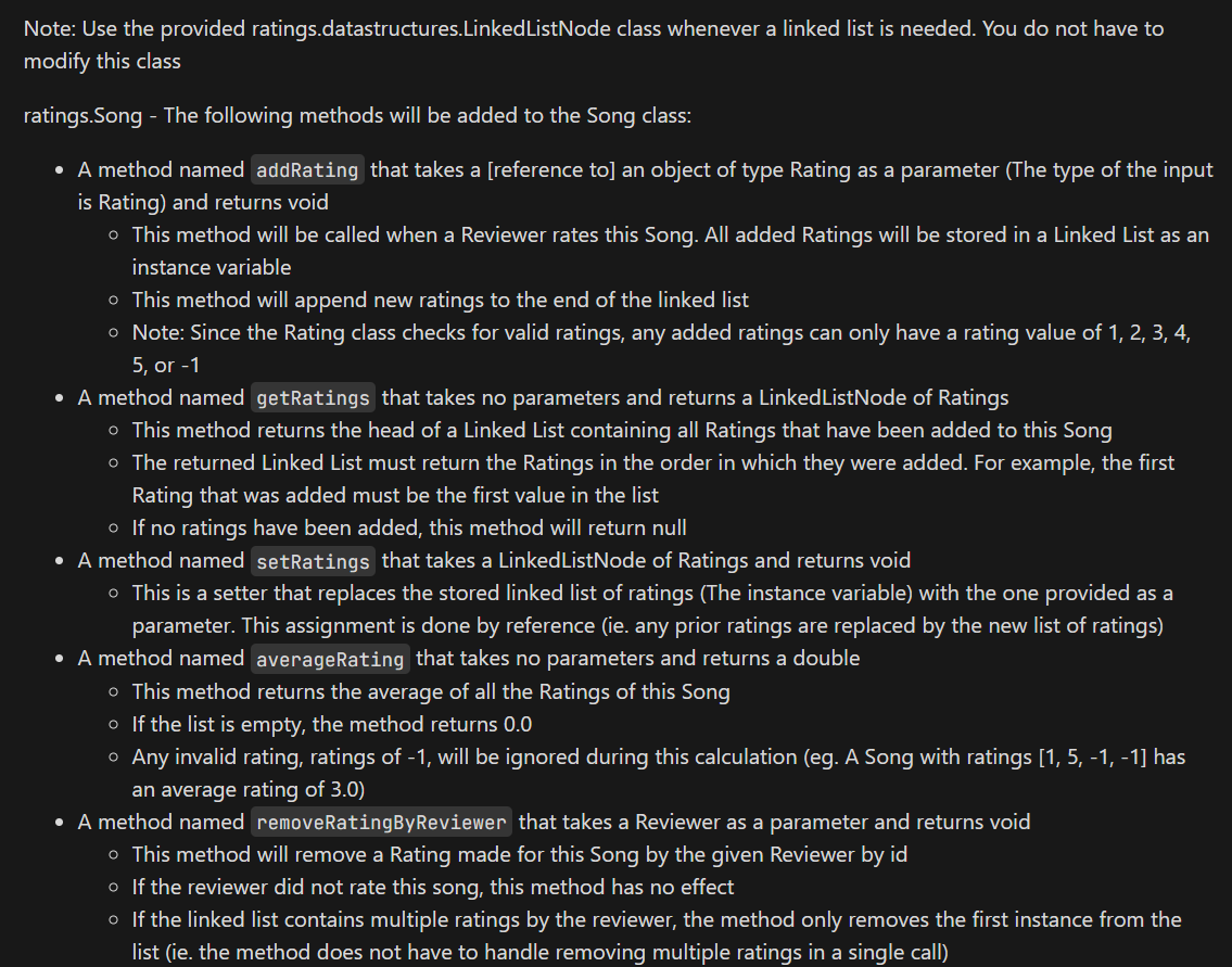  Note: Use the provided ratings.datastructures.LinkedListNode class whenever a linked list is