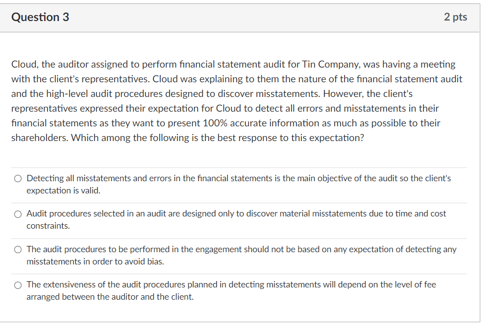 Cloud, the auditor assigned to perform financial statement audit for Tin