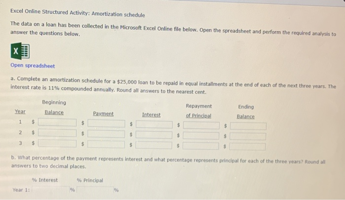  Excel Online Structured Activity: Amortization schedule The data on a loan