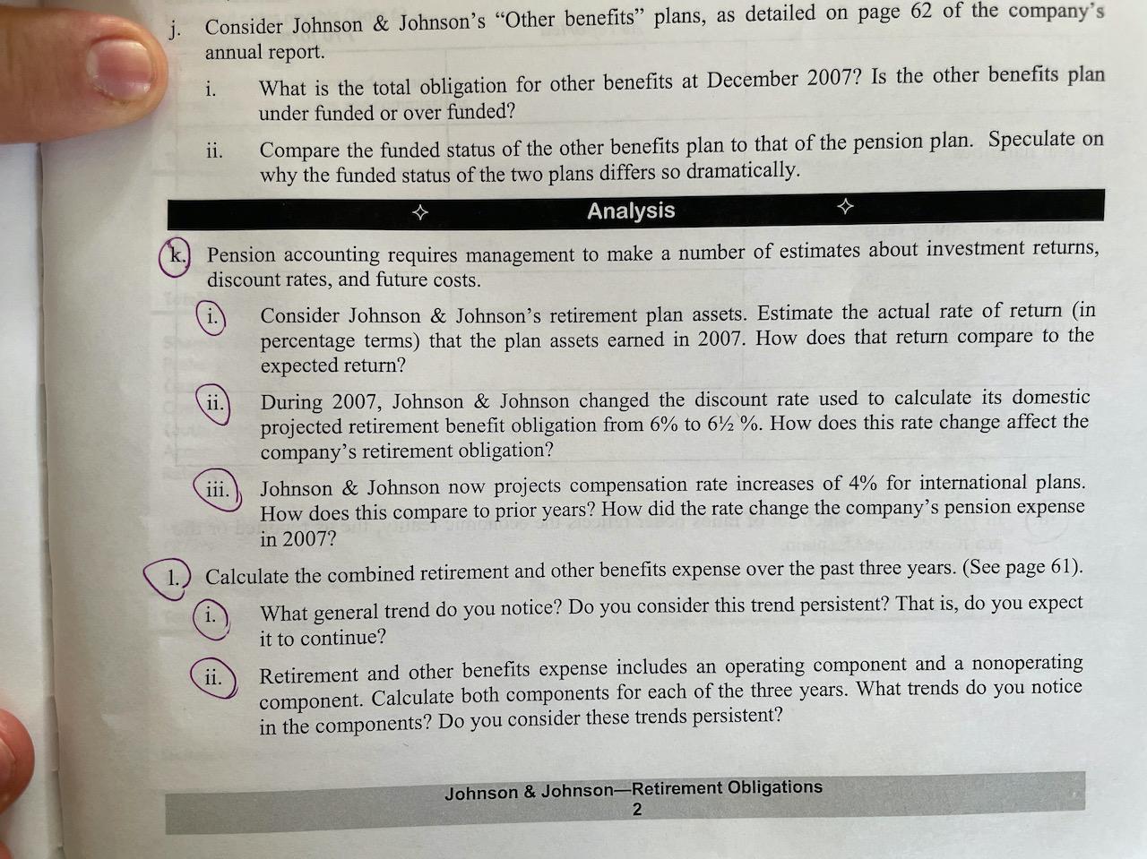 Problems: K, L, and M j. Consider Johnson & Johnson's "Other benefits
