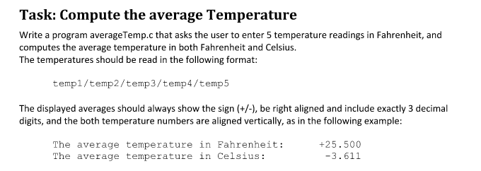  Task: Compute the average Temperature Write a program average Temp.c that