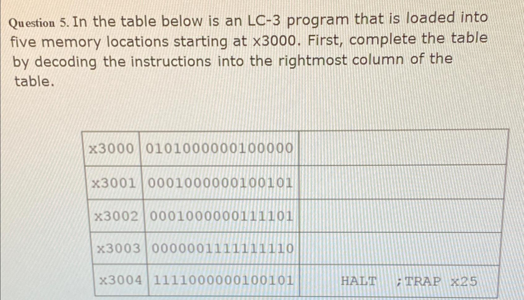  Question 5. In the table below is an LC-3 program that