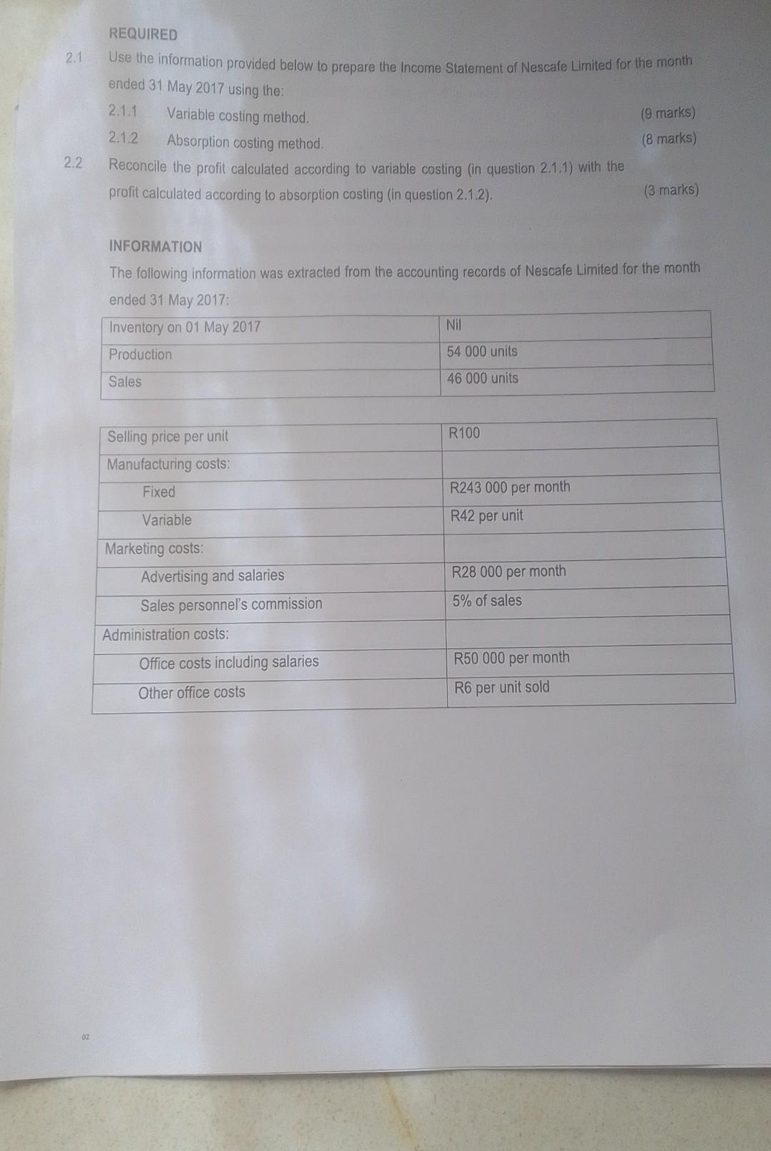  REQUIRED 2.1 Use the information provided below to prepare the Income