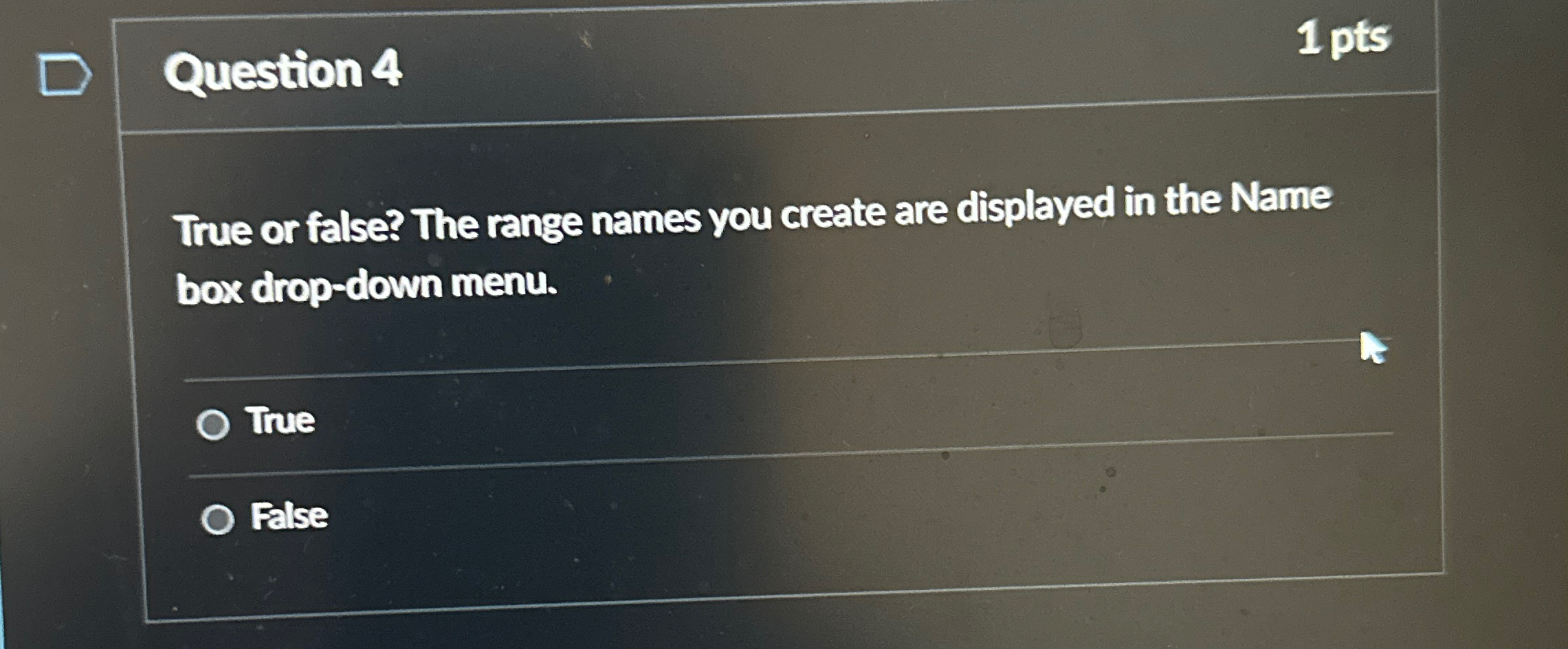  Question 4 1 pts True or false? The range names you