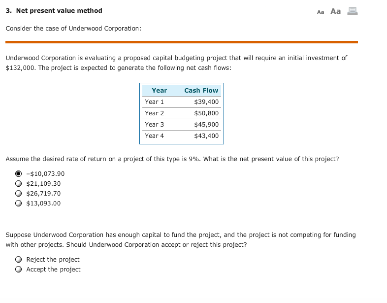 3. Net present value method Aa Aa Consider the case of