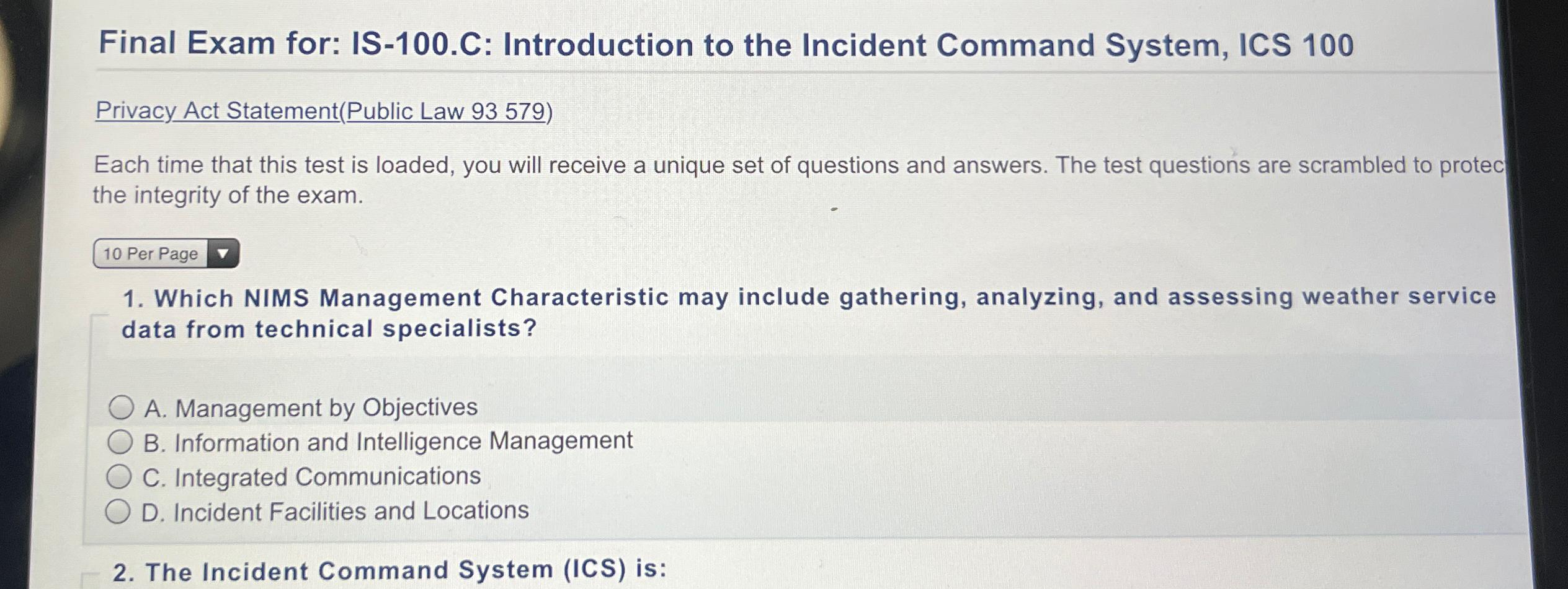  Final Exam for: IS-100.C: Introduction to the Incident Command System, ICS