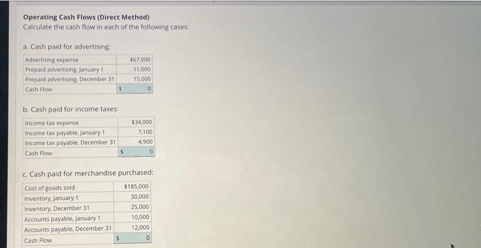  Operating Cash Flows (Direct Method) Calculate the cash flow in each