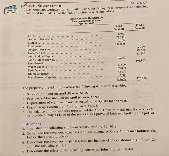  General Ledger PR 3-3B Adjusting entries OBJ. 2, 3, 4, 5