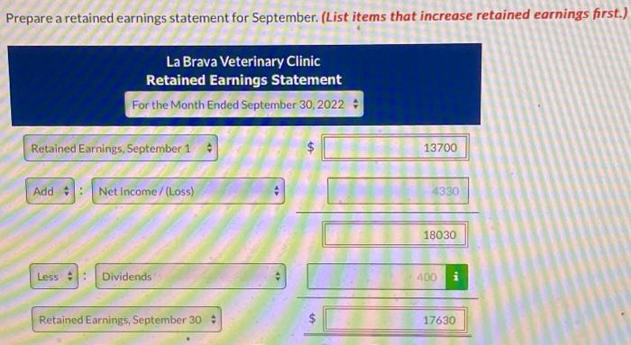  Prepare a retained earnings statement for September. (List items that increase