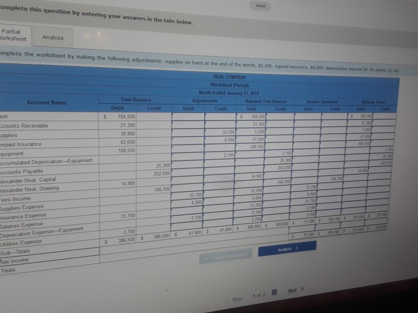 The trial balance of Neal Company as of January 31, 2019,after the