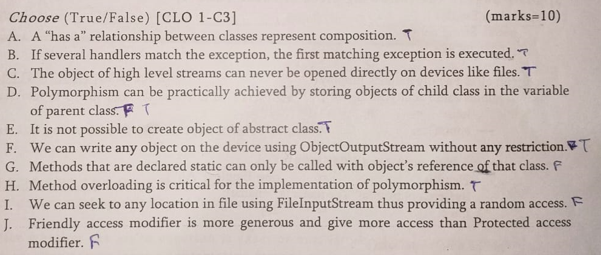  solve these mcqs acurately please in java Choose (True/False) [CLO 1-C3]