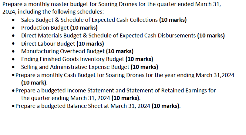  Prepare a monthly master budget for Soaring Drones for the quarter