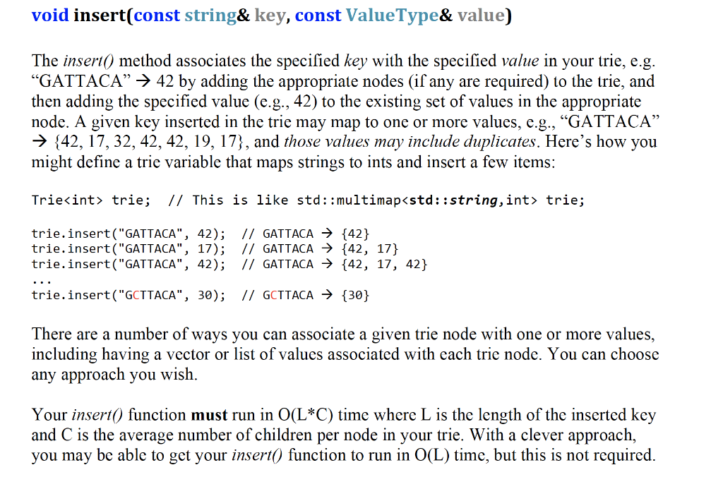 implement this function using TRIE data structure? void insert(const string& key, const