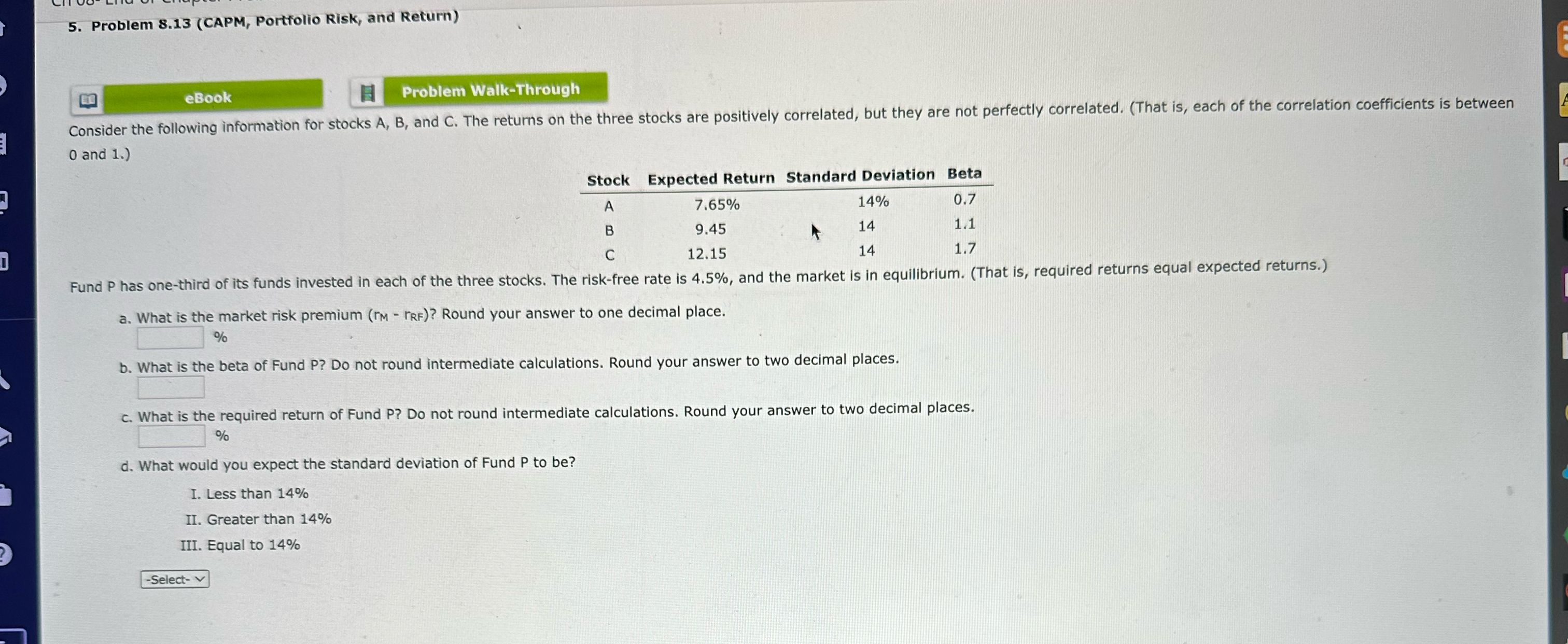  Problem 8.13(CAPM, Portfolio Risk, and Return) Problem Walk-Through 0 and 1.)