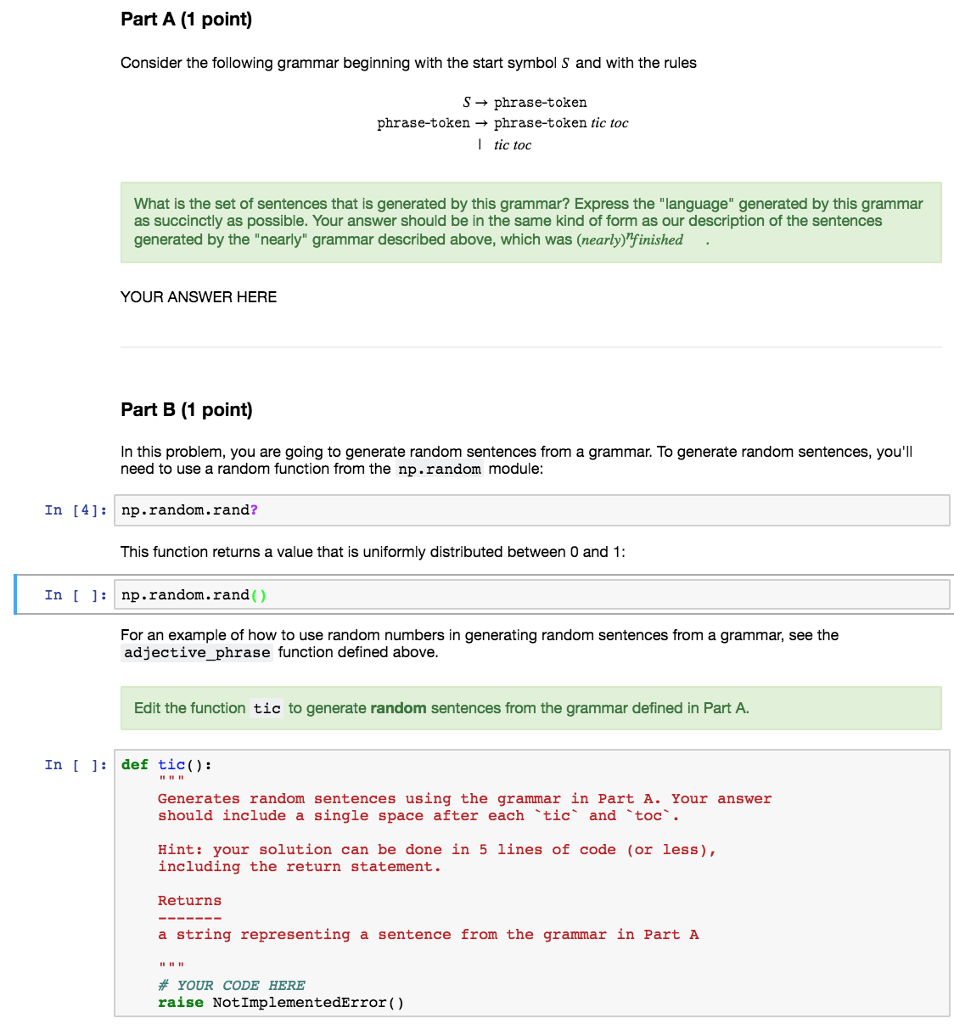 data science/coding question: Part A (1 point) Consider the following grammar beginning