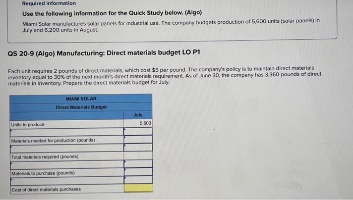  Required information Use the following information for the Quick Study below.