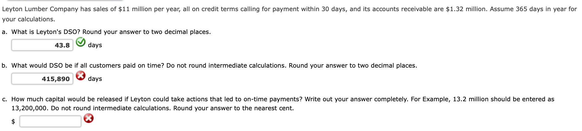  your calculations. a. What is Leyton's DSO? Round your answer to