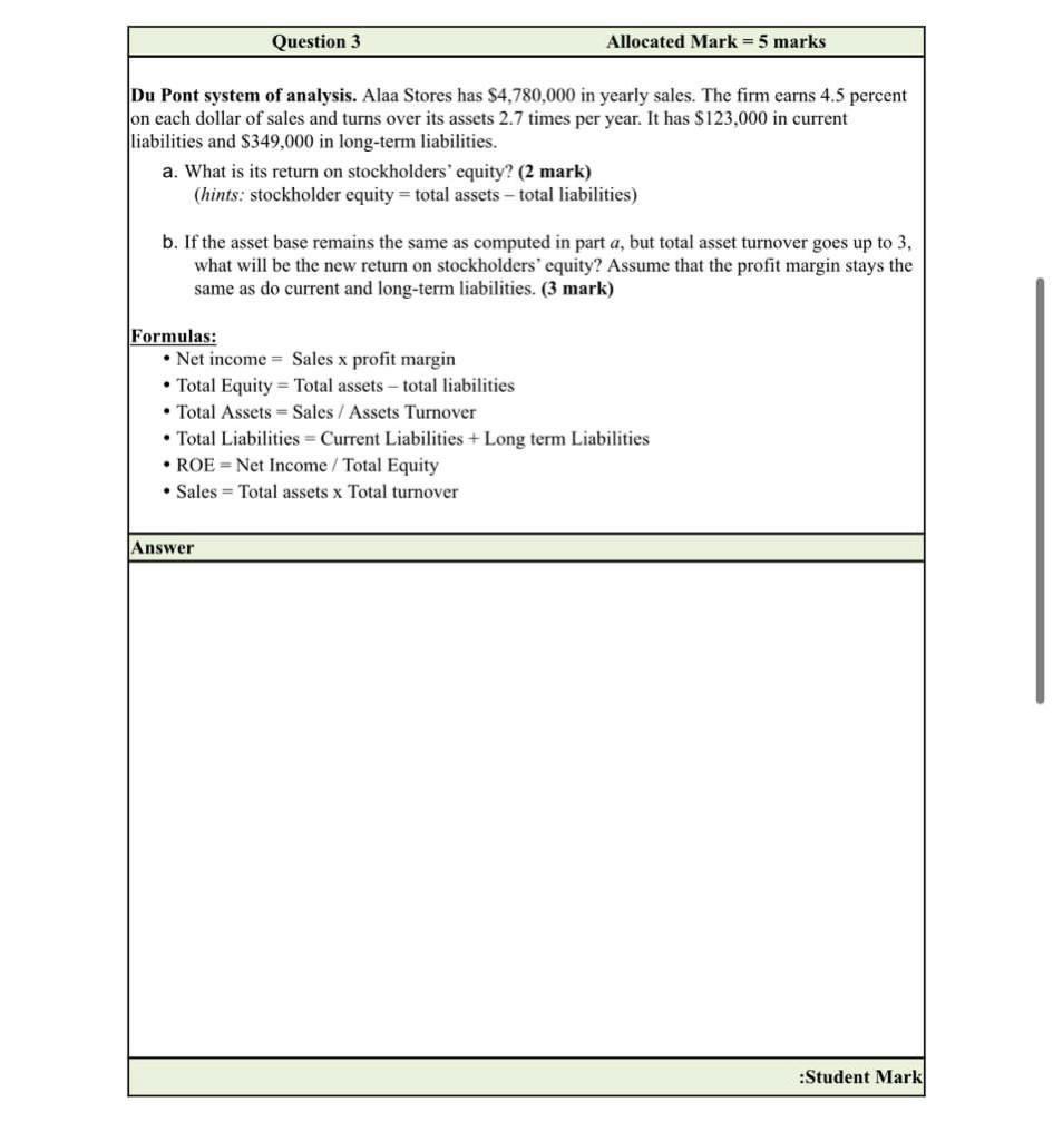 left and this is my final. Question 1 Allocated Mark = 5