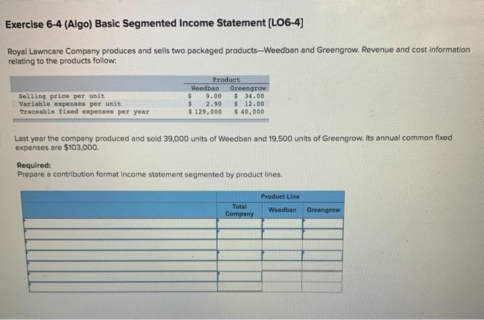 Exercise 6-4 (Algo) Basic Segmented Income Statement (L06-4) Royal Lawncare Company