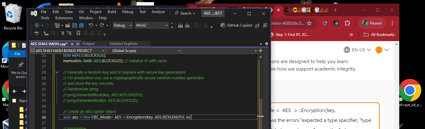  auto aes = new CBC_Mode AES >::Encryption(key, AES::KEYLENGTH, iv); throws the