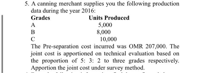 Physical Unit Method 5. A canning merchant supplies you the following production