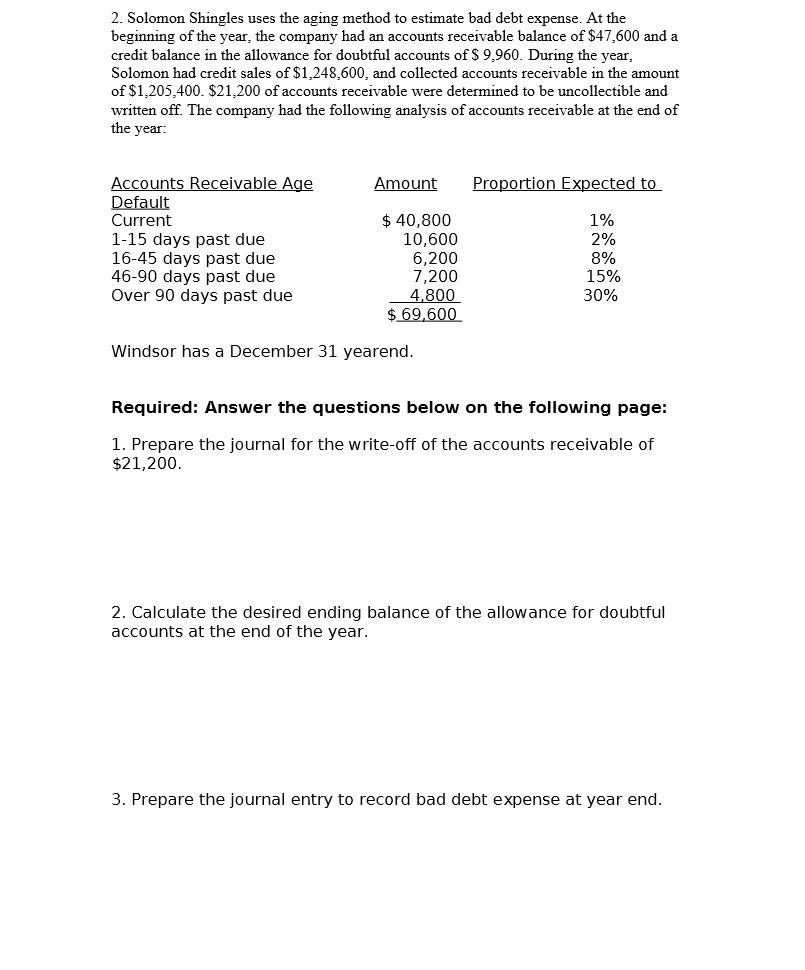 2. Solomon Shingles uses the aging method to estimate bad debt
