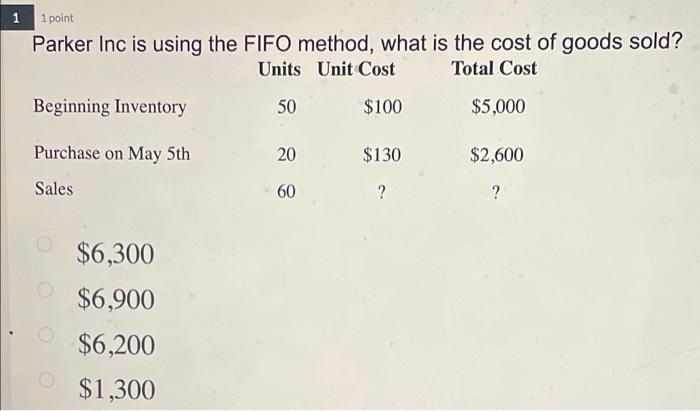 HELP 1 1 point Parker Inc is using the FIFO method, what