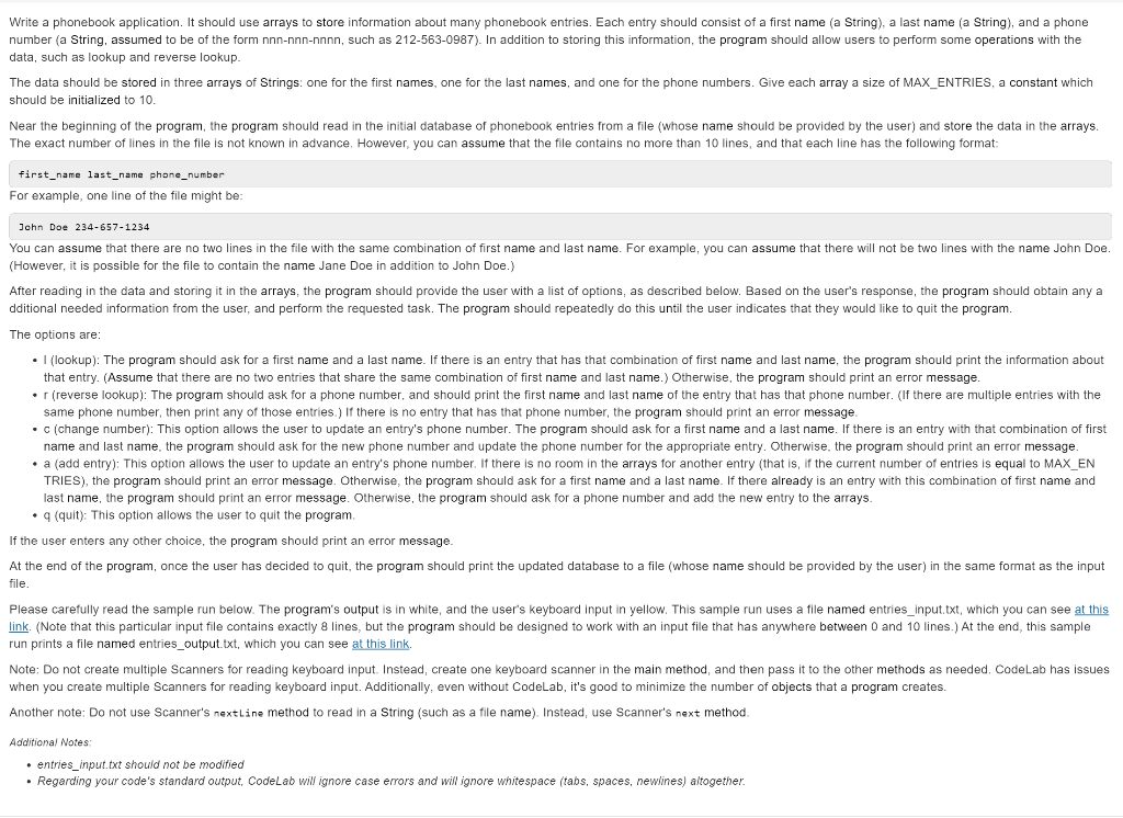  Write a phonebook application. It should use arrays to store information