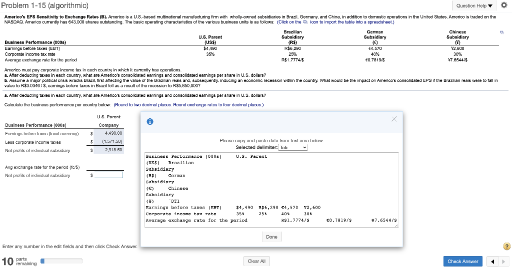  Problem 1-15 (algorithmic) Question Help Americo's EPS Sensitivity to Exchange Rates