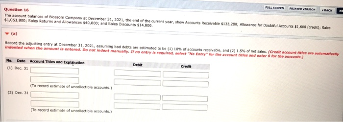  FULL SCREEN PRINTER VERSION + BACK NE Question 16 The account
