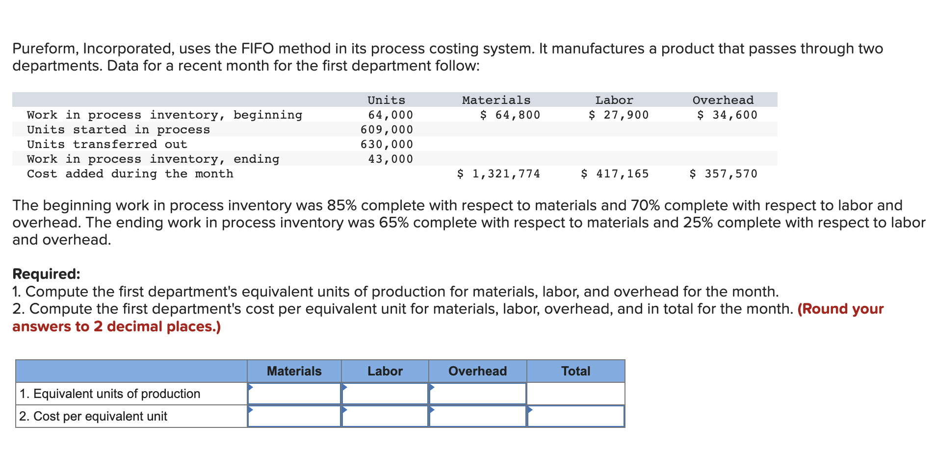  Pureform, Incorporated, uses the FIFO method in its process costing system.
