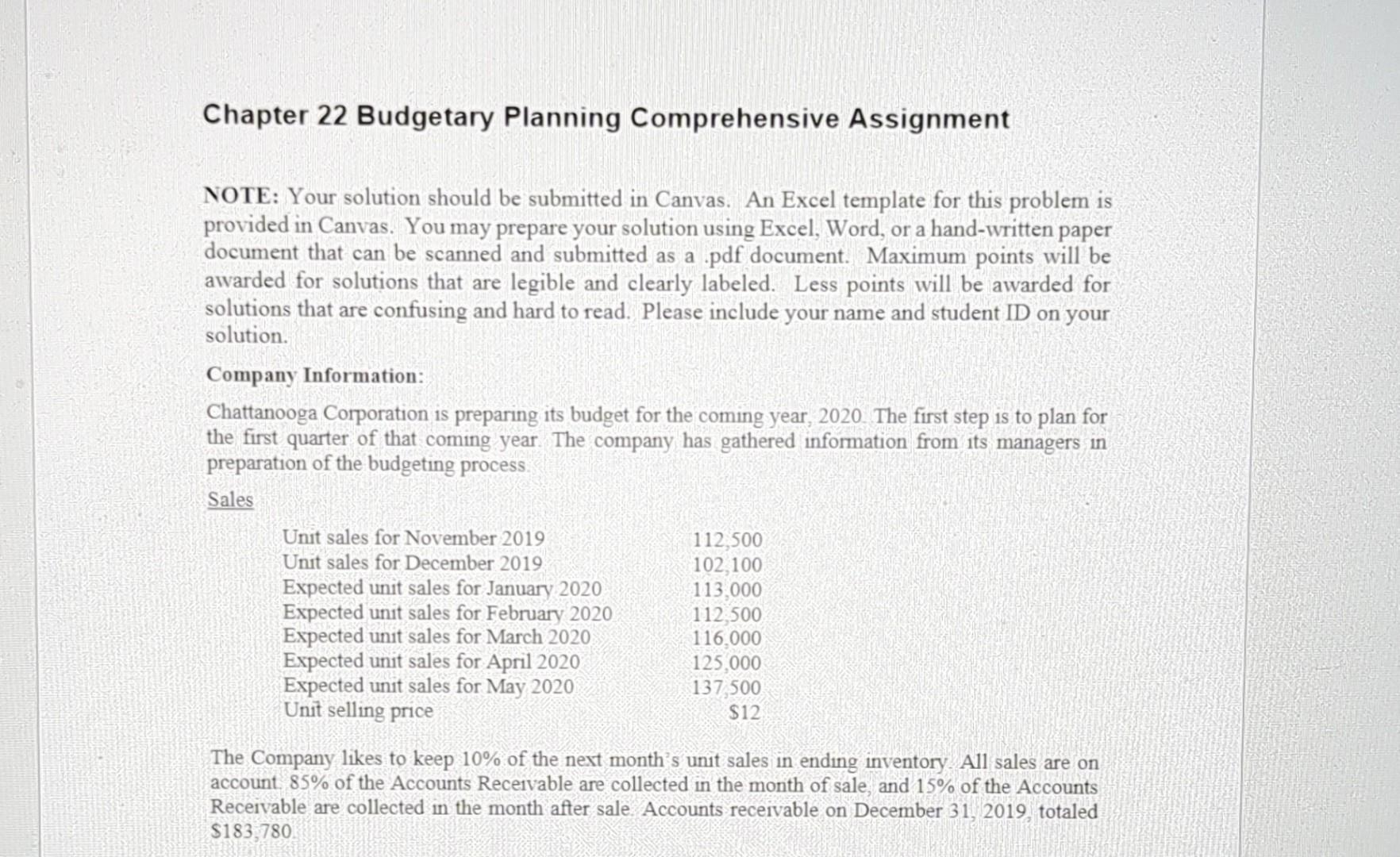 Chapter 22 Budgetary Planning Comprehensive Assignment NOTE: Your solution should be