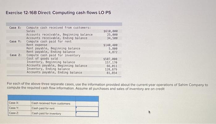  Exercise 12-16B Direct: Computing cash flows LO P5 Case X: $610,000