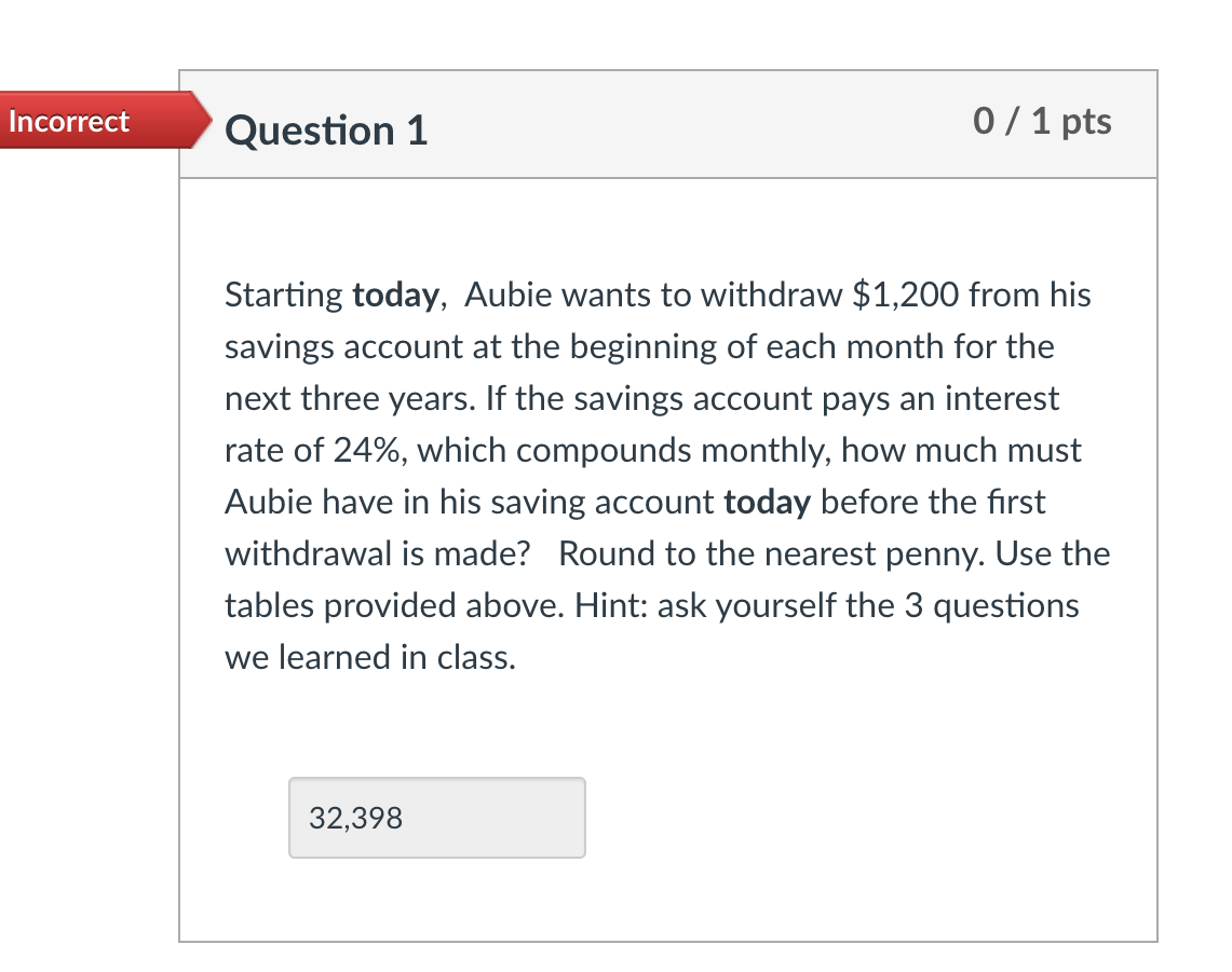  Incorrect Question 1 0 / 1 pts Starting today, Aubie wants