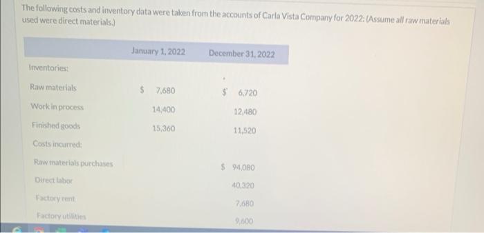 please fill out the same as the table given The following costs