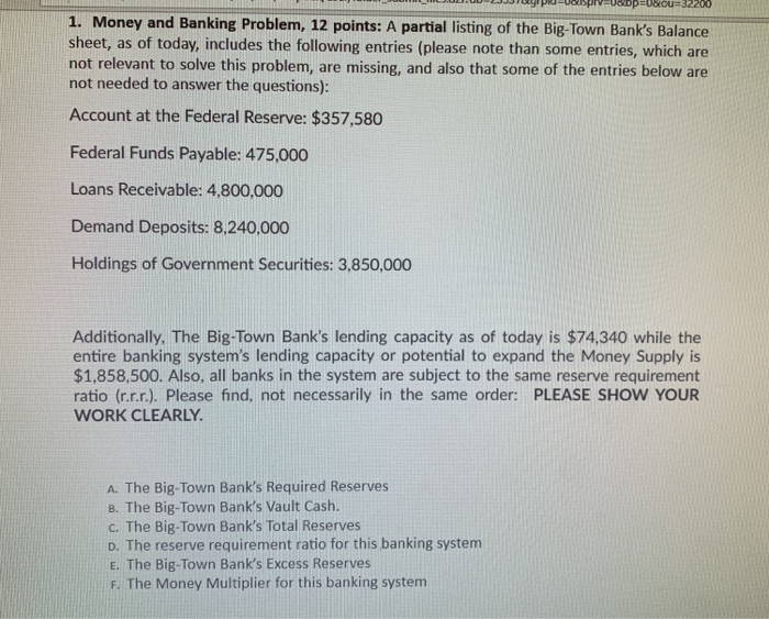  1. Money and Banking Problem, 12 points: A partial listing of