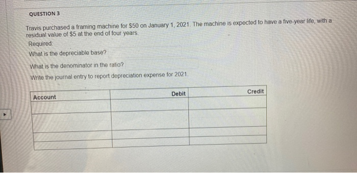  QUESTION 3 Travis purchased a framing machine for $50 on January