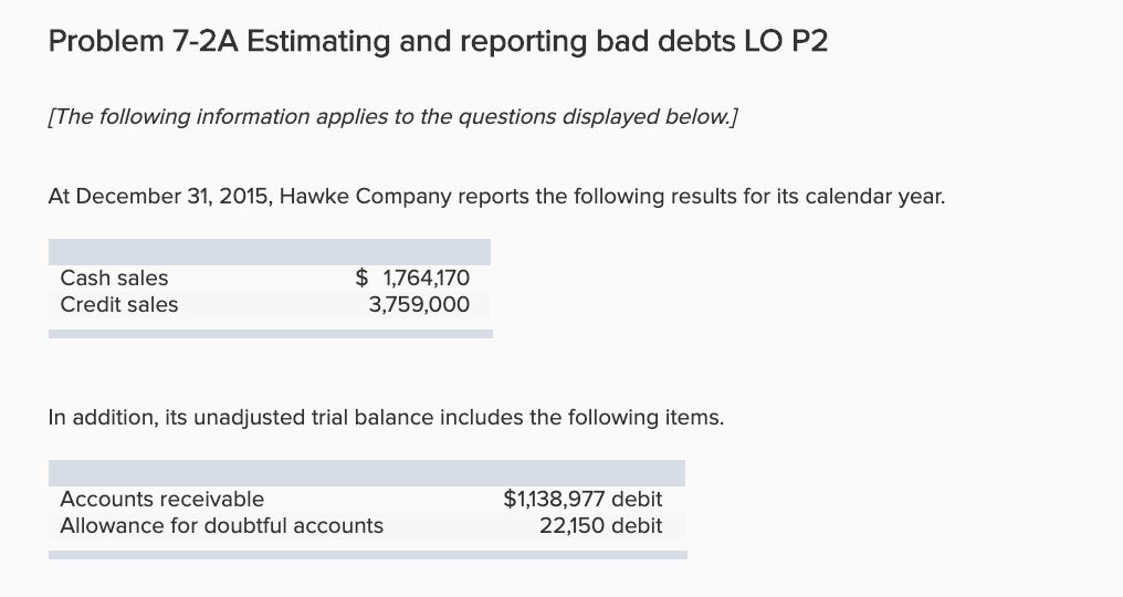  Problem 7-2A Estimating and reporting bad debts LO P2 [The following
